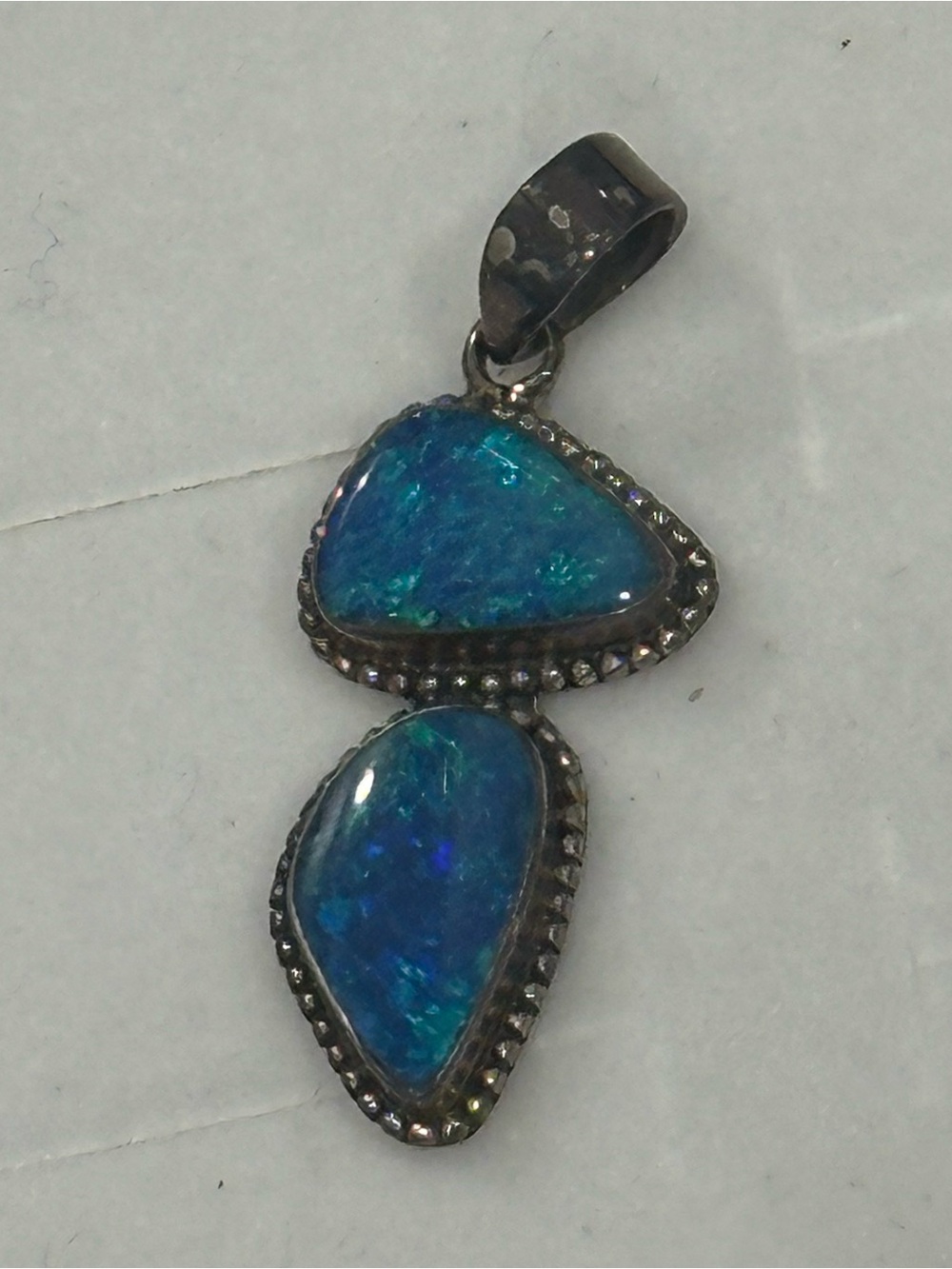 Genuine Blue Opal 925 sterling Silver Double Drop Pendant